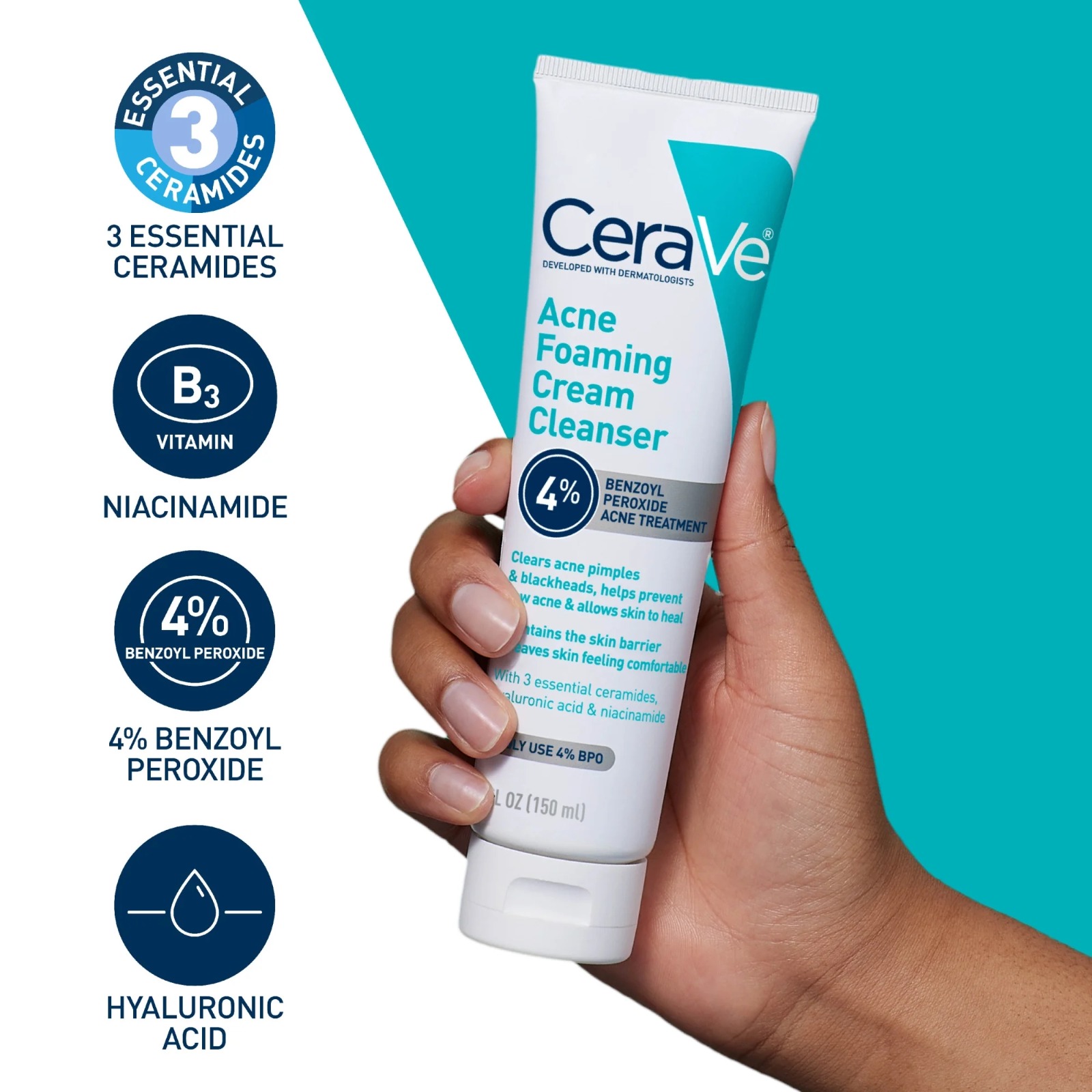 CeraVe Acne Foaming Cream Cleanser – 4% Benzoyl Peroxide Treatment 120ml - Image 3