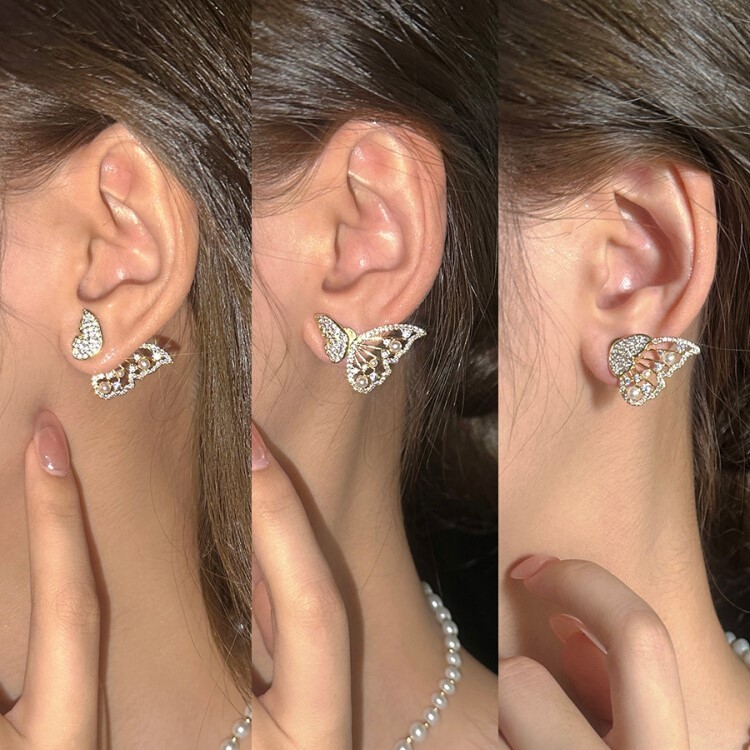 Korean Zircon And Pearl Butterfly front back earrings | Luxury Look Artificial Earrings | Girls Earrings | Women Earrings - Image 4