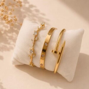 3-Piece Golden Cartier & Nail Style Bracelet Set