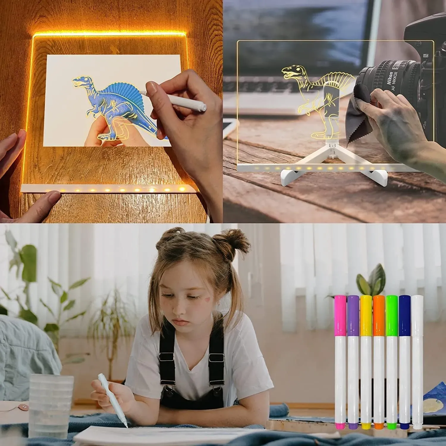 LED Light-Up Writing Board With 7 Marker – 15×15 cm Acrylic Message Pad with Stand | Colorful DIY Notes & Erasable Neon Pens - Image 2