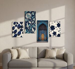Set of 4 Blue & White Botanical & Architectural Wall Tiles | Wooden Sticky | 8×16″ & 8×11″ | Double Tape Included