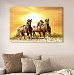 Golden Sunset Running Horses Canvas Art | Seven Horses Vastu Wall Decor | Artistic Animal Painting for Home | 12×16 Inches