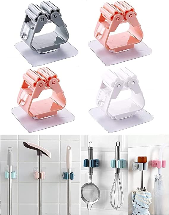Pack of 3 Mop and Broom Self Adhesive Holder Wall Mount Magic Hanger Organizer Cleaning Tools Storage Mop Rack (Random Color) - Image 2