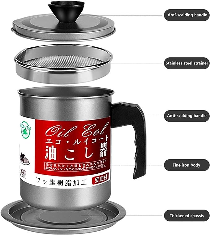 Oil Fryer Cookerwith Stainless Steel Fine Mesh with Lid Food Grade Iron Cooking Oil Filter Machine with Handle for Kitchen(1.4L)