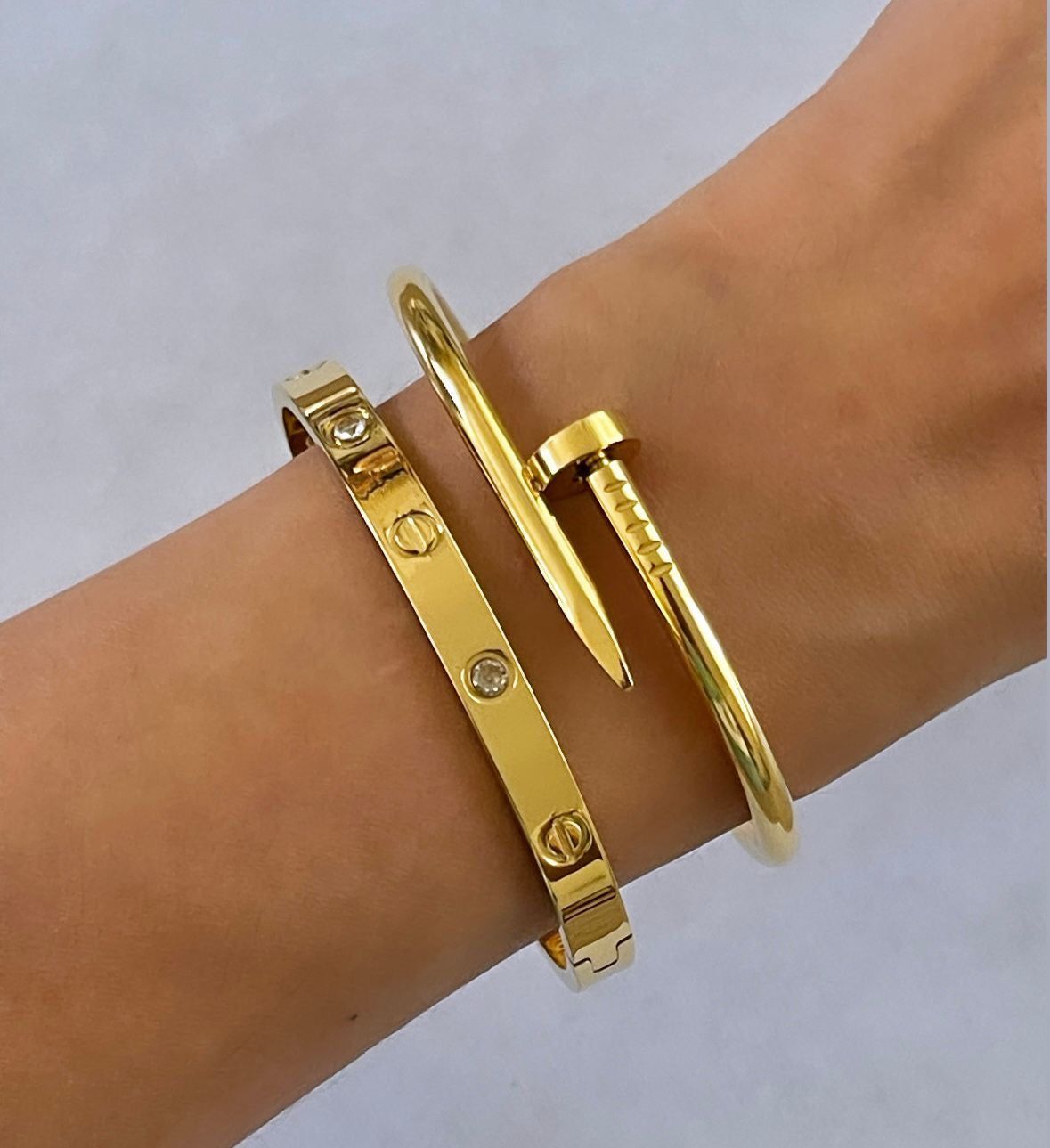 3-Piece Golden Cartier & Nail Style Bracelet Set - Image 2
