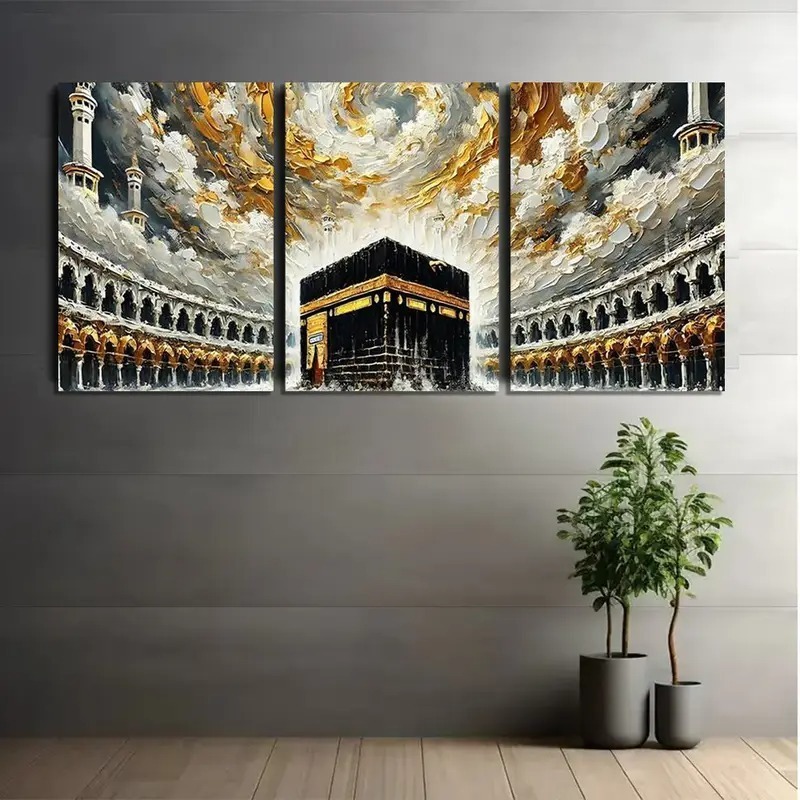 Kaaba Wall Art – 3-Piece Wooden Sticky Tile Frames with Adhesive Tape for Easy Mounting - Image 2