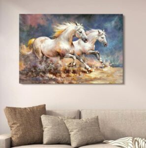 Two Galloping White Horses On The Plains Canvas Wall Art With Double Tape | 12×16 Inches