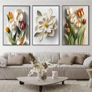 Modern 3D Effect Floral Wall Art Frames Set of 3 Elegant Paper Cut Style Tulips Blossoms Home Decor Size 8x11 Inches Each with Double Sided Tape