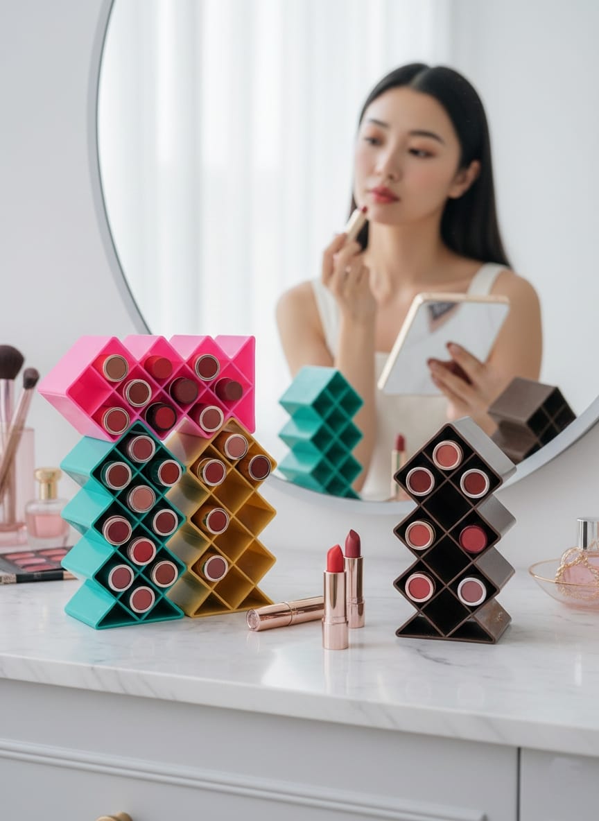 Plastic 10 Grid Lipstick Organizer with Storage Box – Makeup Holder for Lipsticks & Cosmetics - With Box (Random Color) - Image 2