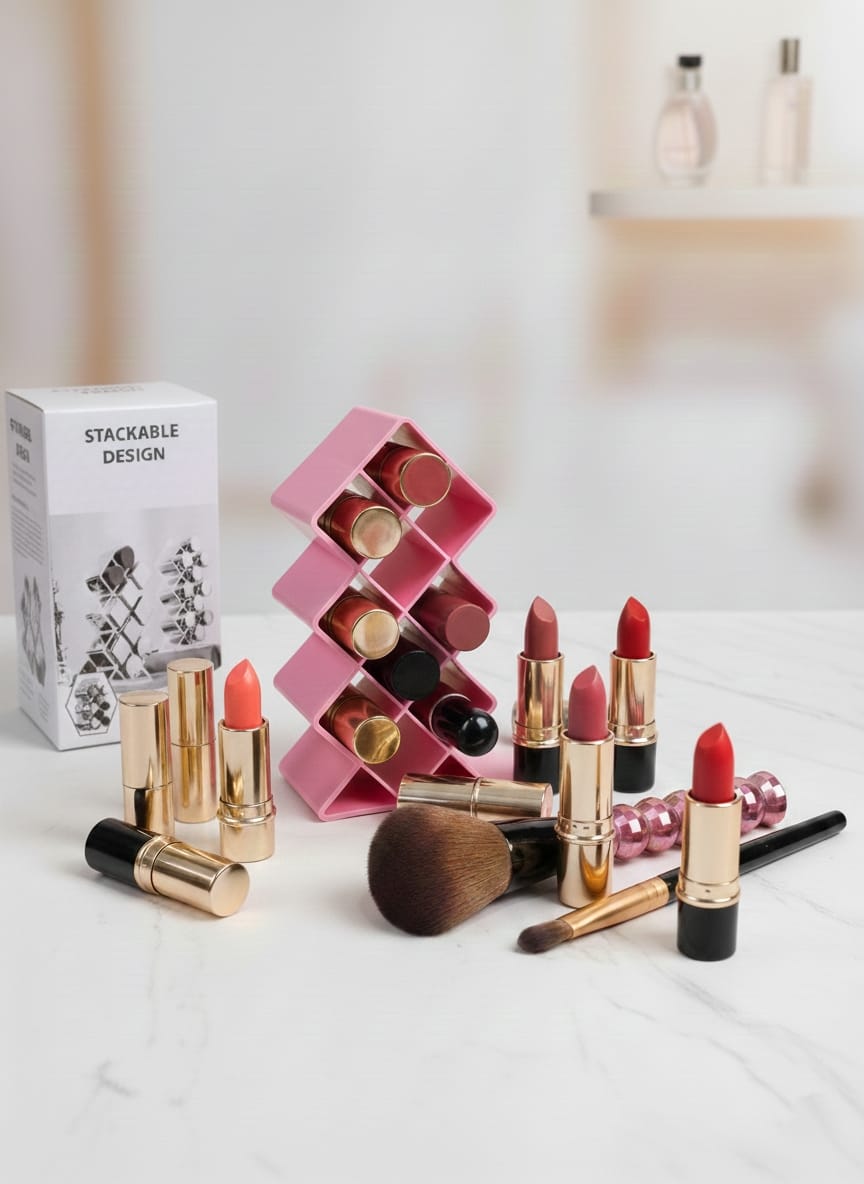 Plastic 10 Grid Lipstick Organizer with Storage Box – Makeup Holder for Lipsticks & Cosmetics - With Box (Random Color) - Image 3