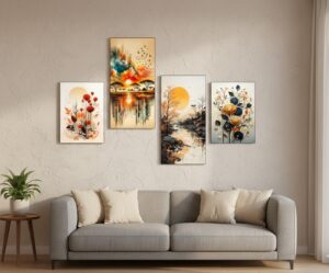 Set of 4 Orange Grey African Valley Scenic Lowlands | Wooden Sticky Wall Tiles | 8×16″ & 8×11″ | Double Tape Included
