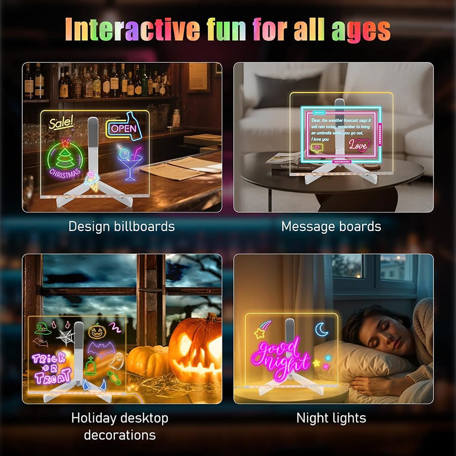 LED Light-Up Writing Board With 7 Marker – 15×15 cm Acrylic Message Pad with Stand | Colorful DIY Notes & Erasable Neon Pens - Image 3