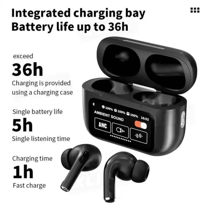 A9 Pro Wireless Earbuds – Smart Touch Screen Display, Bluetooth 5.3 & ANC Noise Cancellation - Black - Image 2