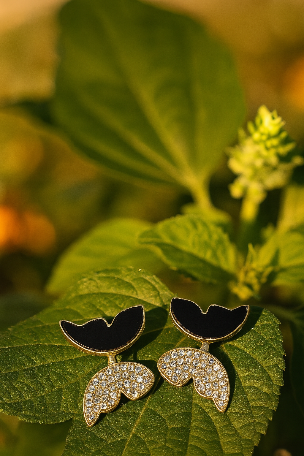 Zircon Butterfly Style Earrings for Women – Elegant Golden & Silver Studs with Black Enamel and Sparkling Stones (AWJ-997) - Image 2