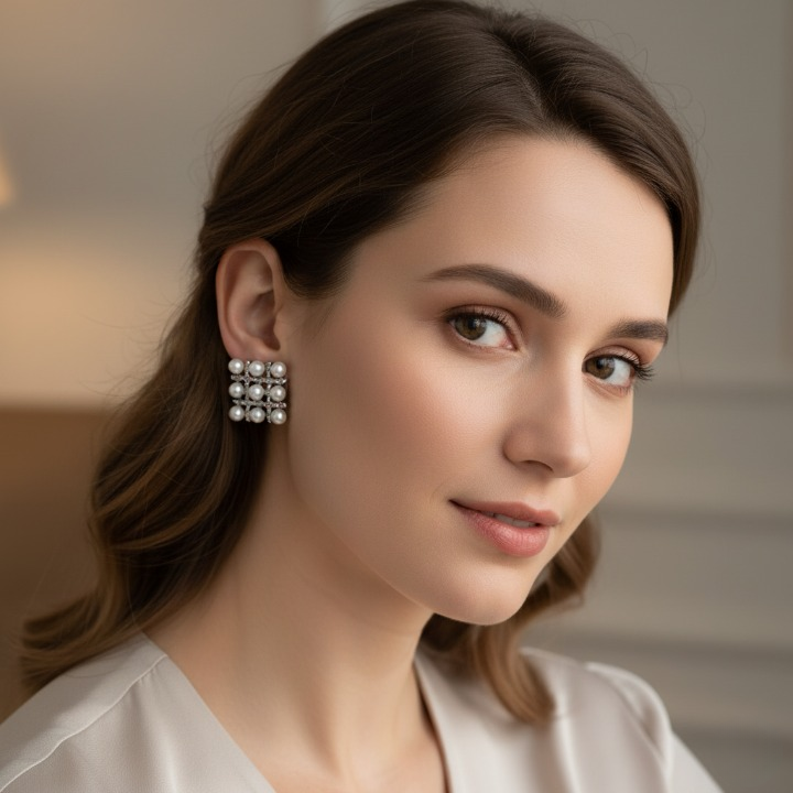 Pearl Square Korean Earrings – Elegant Women’s Fashion Jewelry in Silver and Golden Colors PJT-106 - Image 5