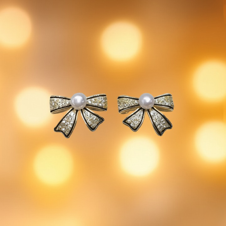 PJT-995 Bow Shape Zircon Pearl Earrings for Women – Korean Style Jewelry with Sparkling Zircon & Classic Pearl Center | Available in Golden & Silver | Perfect Gift for Parties, Weddings & Everyday Fashion - Image 2