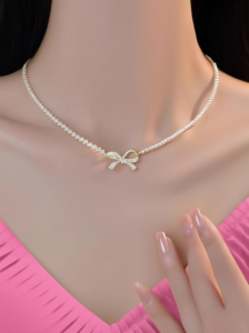 PQT-992 – Bow Shape Pearl Pendant Necklace for Women – Dainty Jewelry with Sparkling Bow Design | Available in Silver & Golden Finish | Perfect Gift for Weddings, Parties & Everyday Glamour