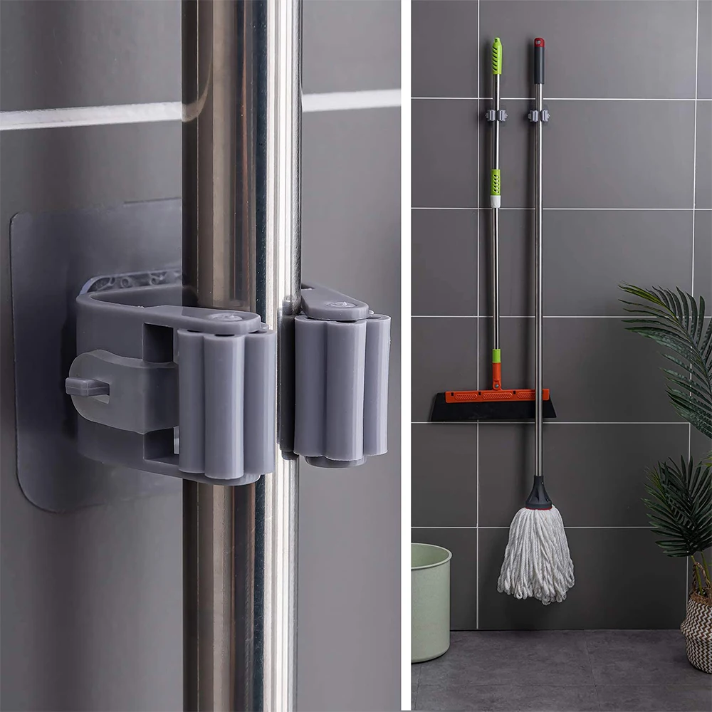 Pack of 3 Mop and Broom Self Adhesive Holder Wall Mount Magic Hanger Organizer Cleaning Tools Storage Mop Rack (Random Color) - Image 4