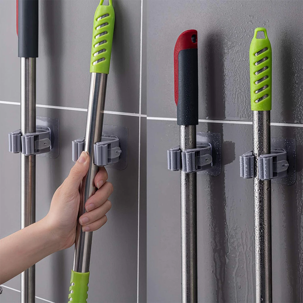 Pack of 3 Mop and Broom Self Adhesive Holder Wall Mount Magic Hanger Organizer Cleaning Tools Storage Mop Rack (Random Color) - Image 5