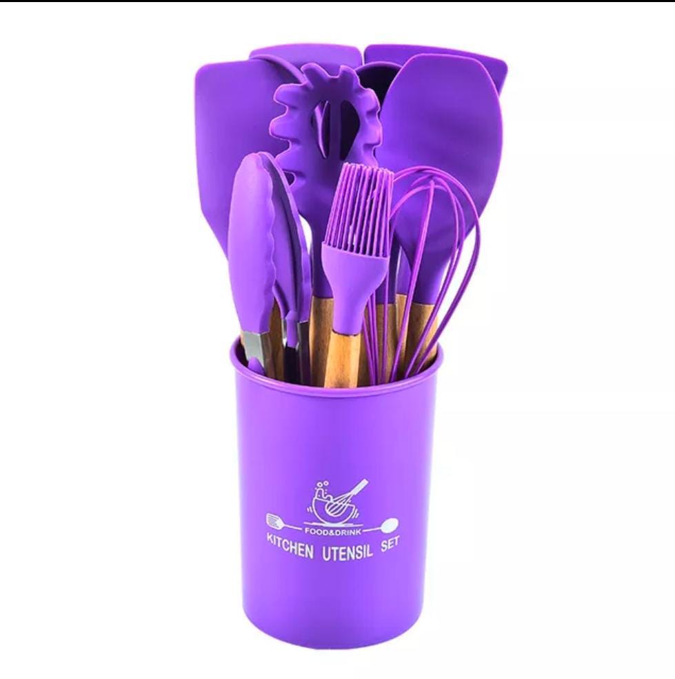 12 pcs set Wooden Handle Silicone Kitchen Utensils With Storage Bucket High Temperature Resistant And Non Stick Pot Spatula Spoon( random color ) - Image 2