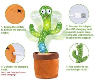 Dancing Cactus Toy – Singing, Talking, Voice Recording Plush with USB Rechargeable Function – Fun Educational Gift for Babies and Kids (Ages 6 Months & Up) – Rechargeable – With Cap