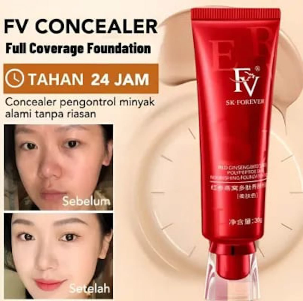 Red Diamond FV Foundation, Oil Absorb Liquid Foundation | Best Tube Foundation 30g - Image 4