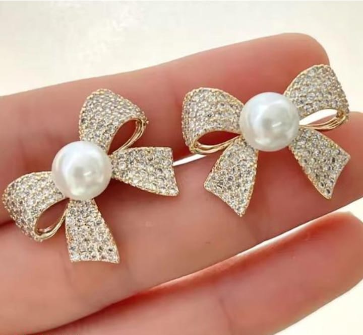 Korean Elegant Zircon Bow style Earrings Pearl style Bow Earrings For Girls - Image 2
