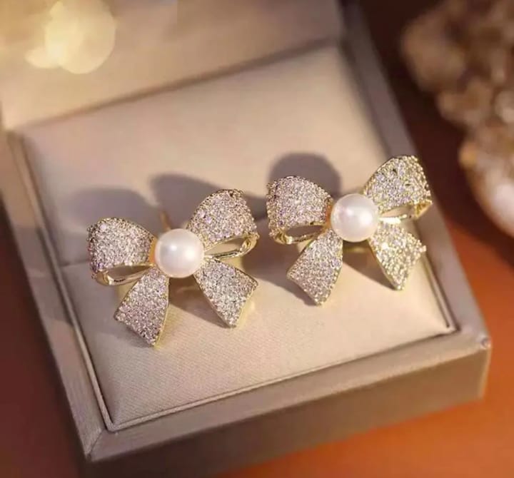 Korean Elegant Zircon Bow style Earrings Pearl style Bow Earrings For Girls - Image 3