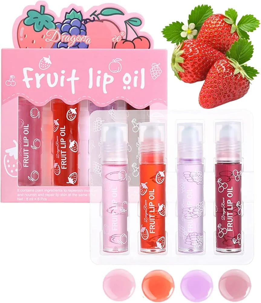 Pack of 4 - Fruit Lip Oil Set, Non-Sticky Long Lasting Moisturizing Lip Oil Lip Care Oil - Image 4