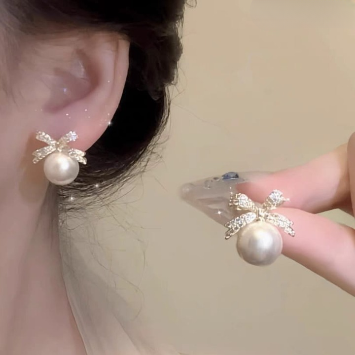 Bow sparkle diamond pearl stud earrings / Pearl Earrings Women's Earrings for Gift - Image 3