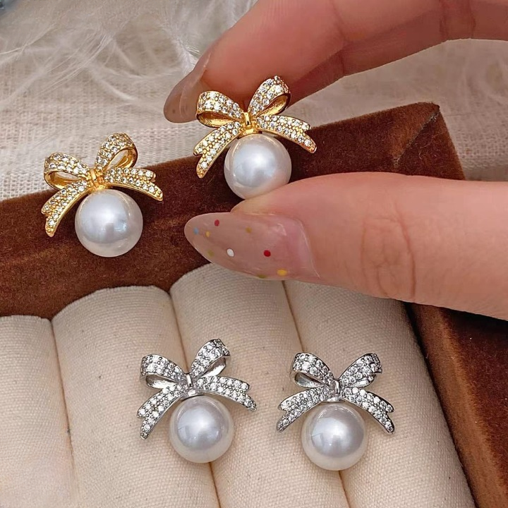 Bow sparkle diamond pearl stud earrings / Pearl Earrings Women's Earrings for Gift - Image 4