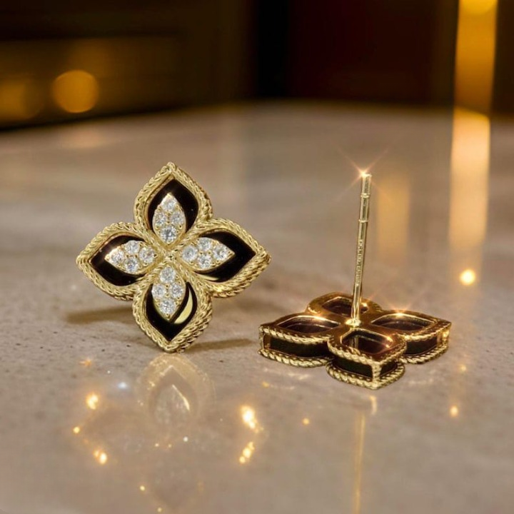 Black and Gold Floral Earrings – Sparkling Four-Leaf Studs with Cubic Zirconia (PJT-991) - Image 2