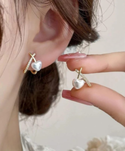 Stylish Minimalist Pearl Heart Earrings – Gold Hoop with Crystal Detailing – Cross Heart Peal Korean Earrings (PJT-993)