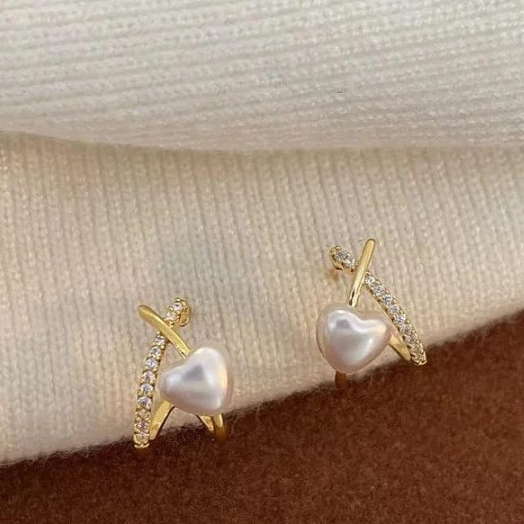 Stylish Minimalist Pearl Heart Earrings – Gold Hoop with Crystal Detailing - Cross Heart Peal Korean Earrings (PJT-993) - Image 2