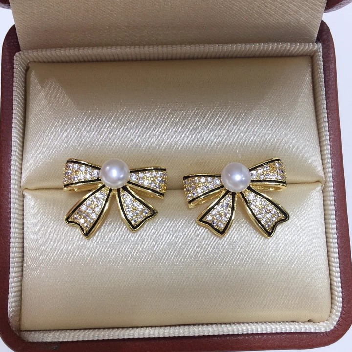 PJT-995 Bow Shape Zircon Pearl Earrings for Women – Korean Style Jewelry with Sparkling Zircon & Classic Pearl Center | Available in Golden & Silver | Perfect Gift for Parties, Weddings & Everyday Fashion - Image 4
