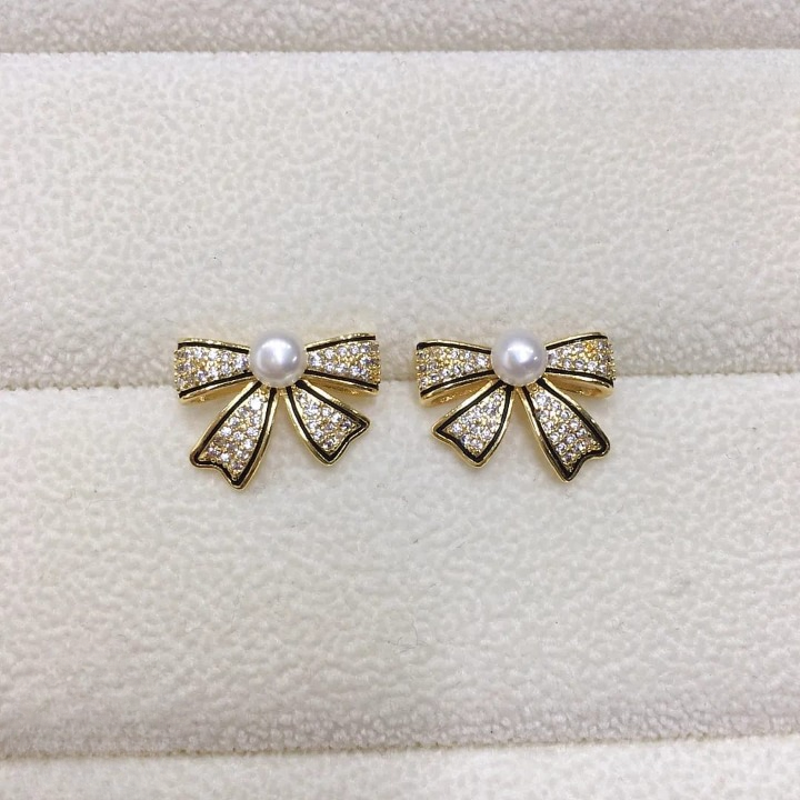 PJT-995 Bow Shape Zircon Pearl Earrings for Women – Korean Style Jewelry with Sparkling Zircon & Classic Pearl Center | Available in Golden & Silver | Perfect Gift for Parties, Weddings & Everyday Fashion - Image 5