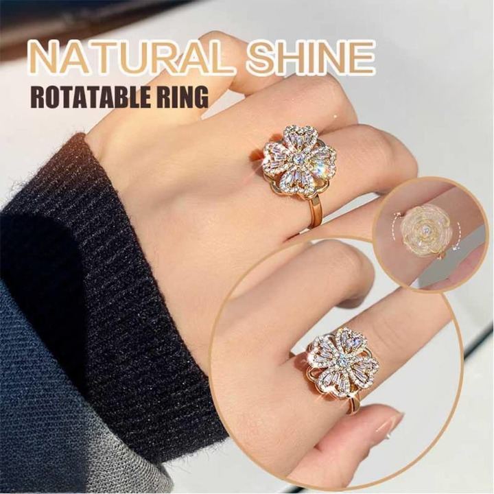 Clover Zircon Rotating Ring – Elegant Adjustable Spinner Ring for Women & Girls, Silver & Golden Finish (QSJ-110) - Image 2