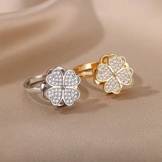 Clover Zircon Rotating Ring – Silver & Golden, Adjustable Spinner Ring for Women (PWJ-111) - Image 2