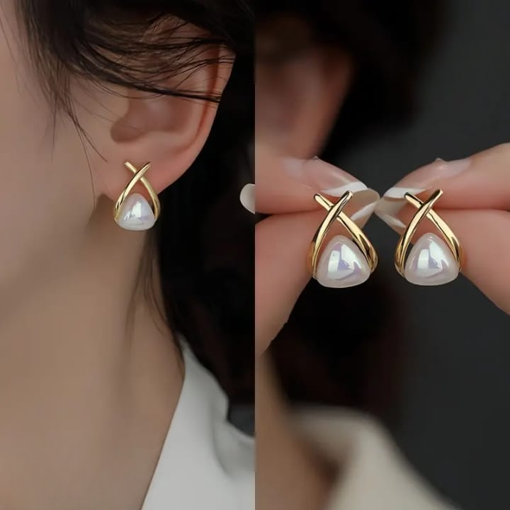 Trendy Korean Cross Pearl Earrings – Sculpted Design (AVT-114) - Image 2