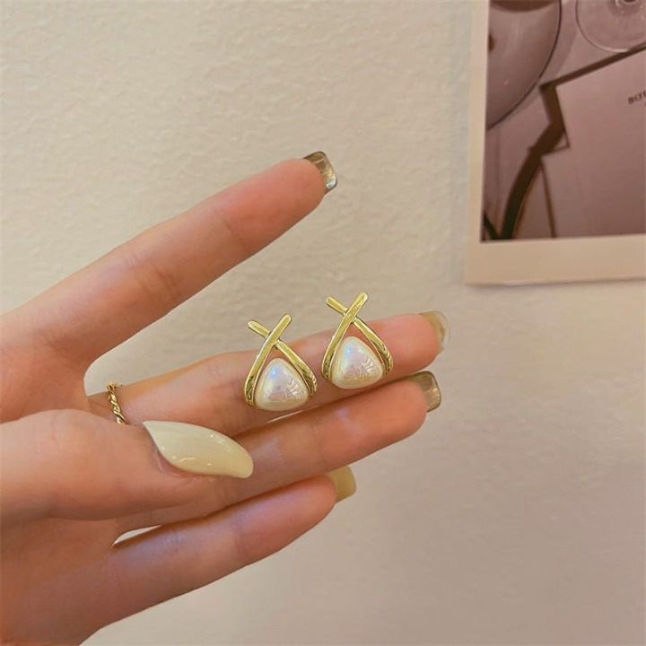 Trendy Korean Cross Pearl Earrings – Sculpted Design (AVT-114) - Image 4