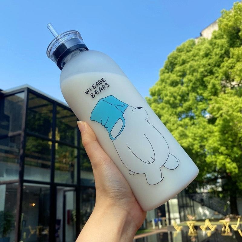 We Bear Panda Water Bottle 1000ml With Two Caps And Straw Durable Design For Daily Hydration And Easy Use (Random Design) - Image 2