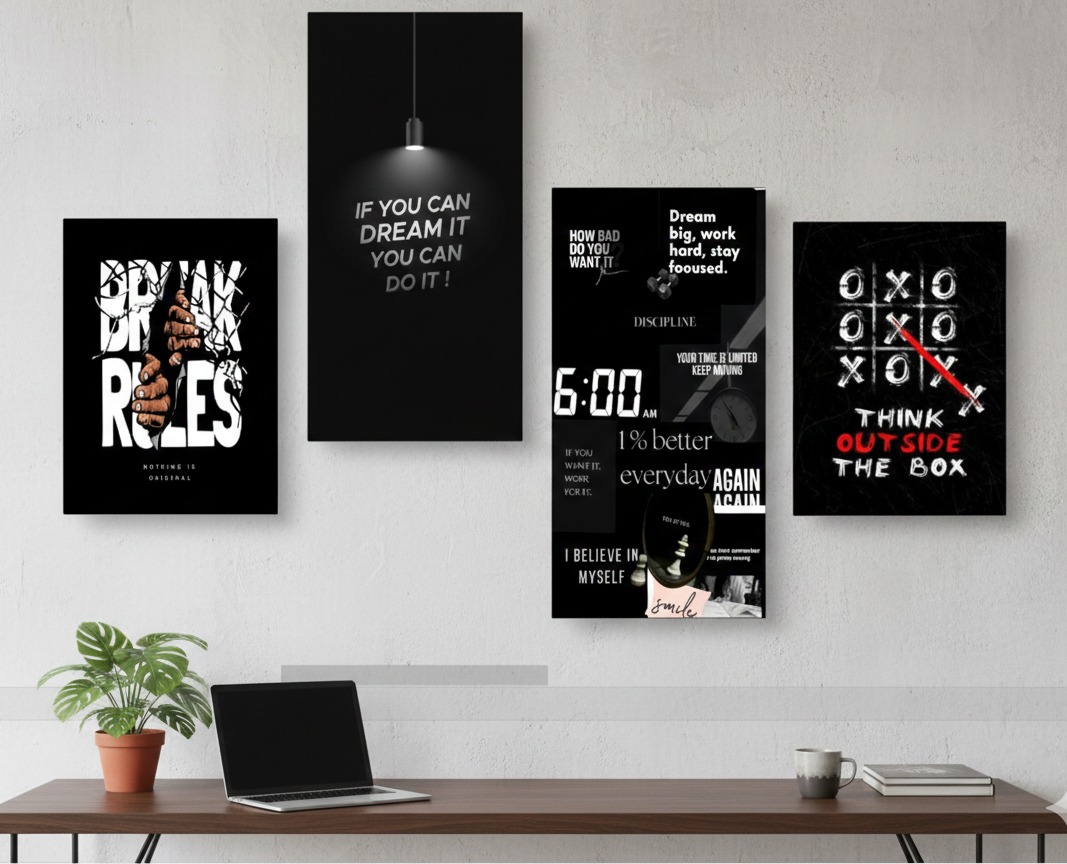 Set of 4 Motivational Wall Art Frames | Wooden Sticky Tiles | 8x16" & 8x11" | Easy Wall Décor | Double Tape Included