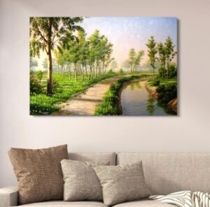 Nature Landscape Spring Garden Wall Decor | Vibrant Green Forest Path Painting | Wooden Art Frame 12×16 Inches