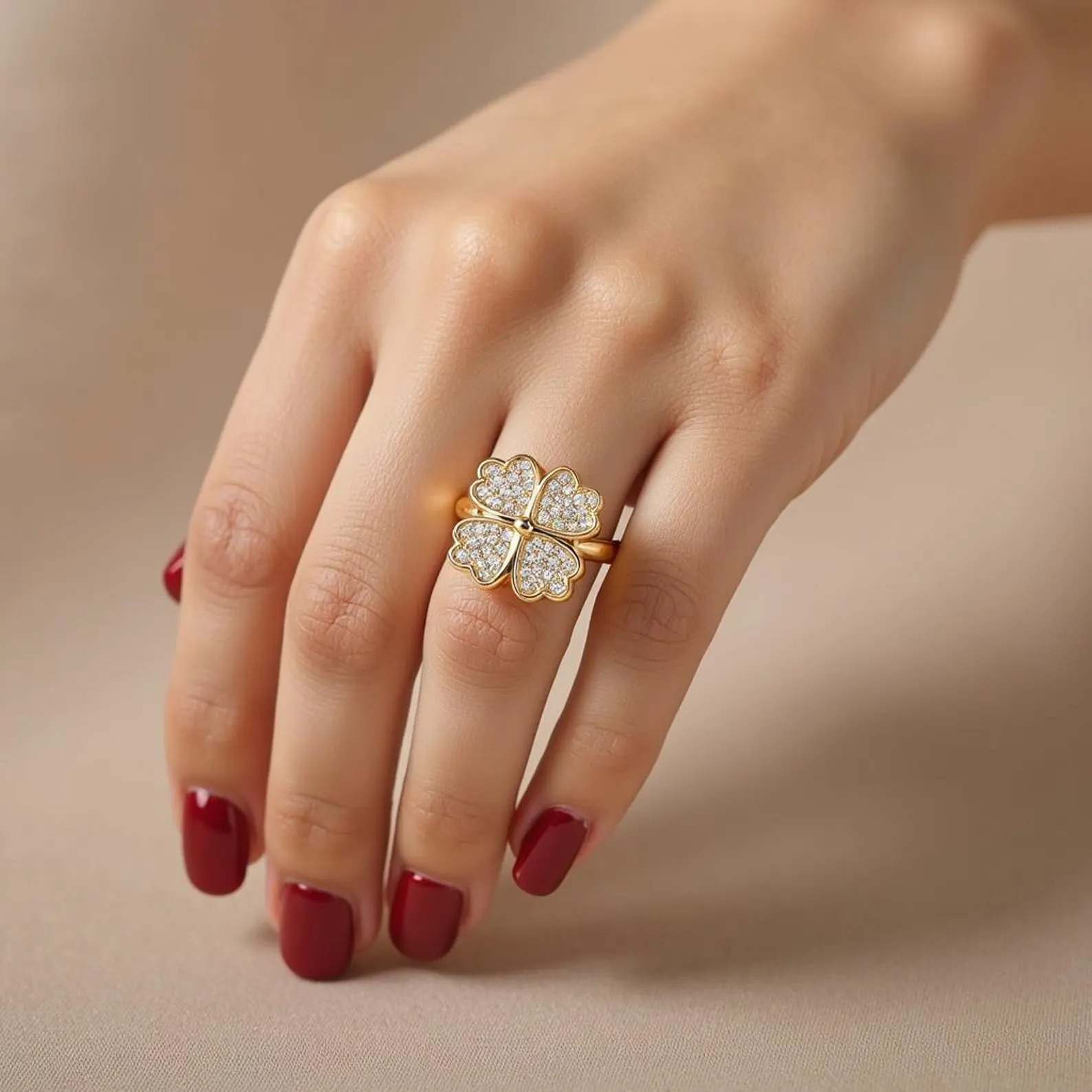 Clover Zircon Rotating Ring – Silver & Golden, Adjustable Spinner Ring for Women (PWJ-111) - Image 5