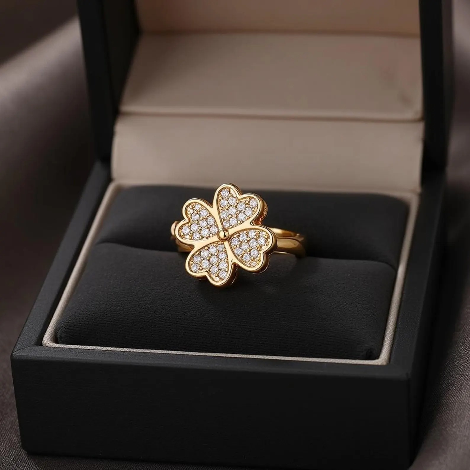 Clover Zircon Rotating Ring – Silver & Golden, Adjustable Spinner Ring for Women (PWJ-111) - Image 4