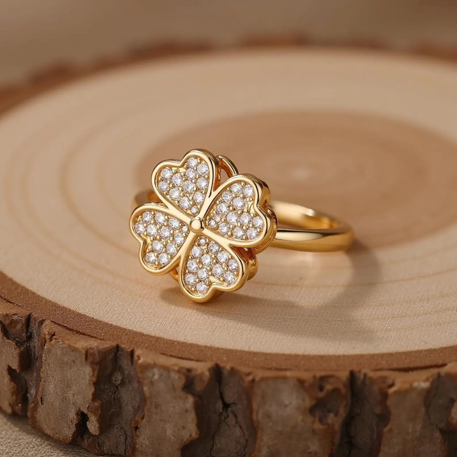 Clover Zircon Rotating Ring – Silver & Golden, Adjustable Spinner Ring for Women (PWJ-111) - Image 3