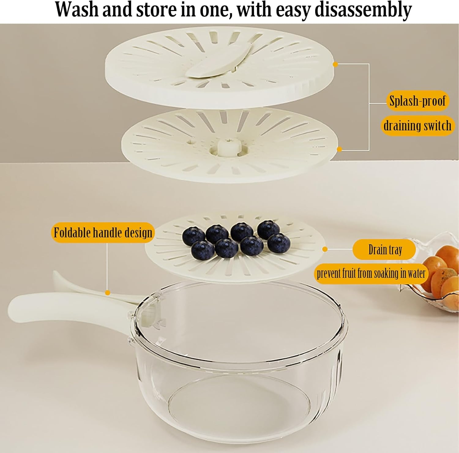 Kitchen Fruit Drainage Basket with Lid – Multi functional Dual-Layer Bowl for Washing, Draining & Storing Fruits and Vegetables, Foldable Handle Design, White - Image 2