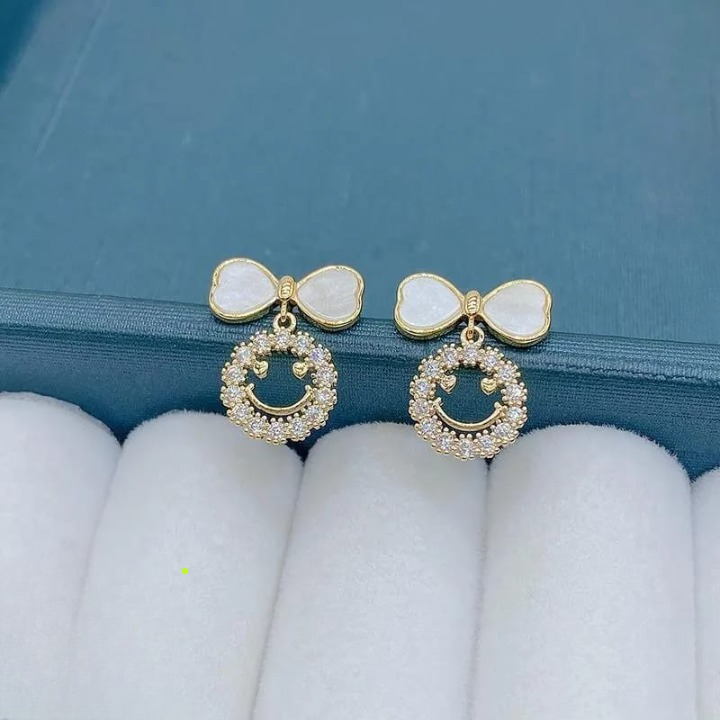 PXT-988 Smiley Face Zircon Korean Earrings – Elegant Bow & Crystal Circle Design - Available In Goden And Silver Color - Image 2