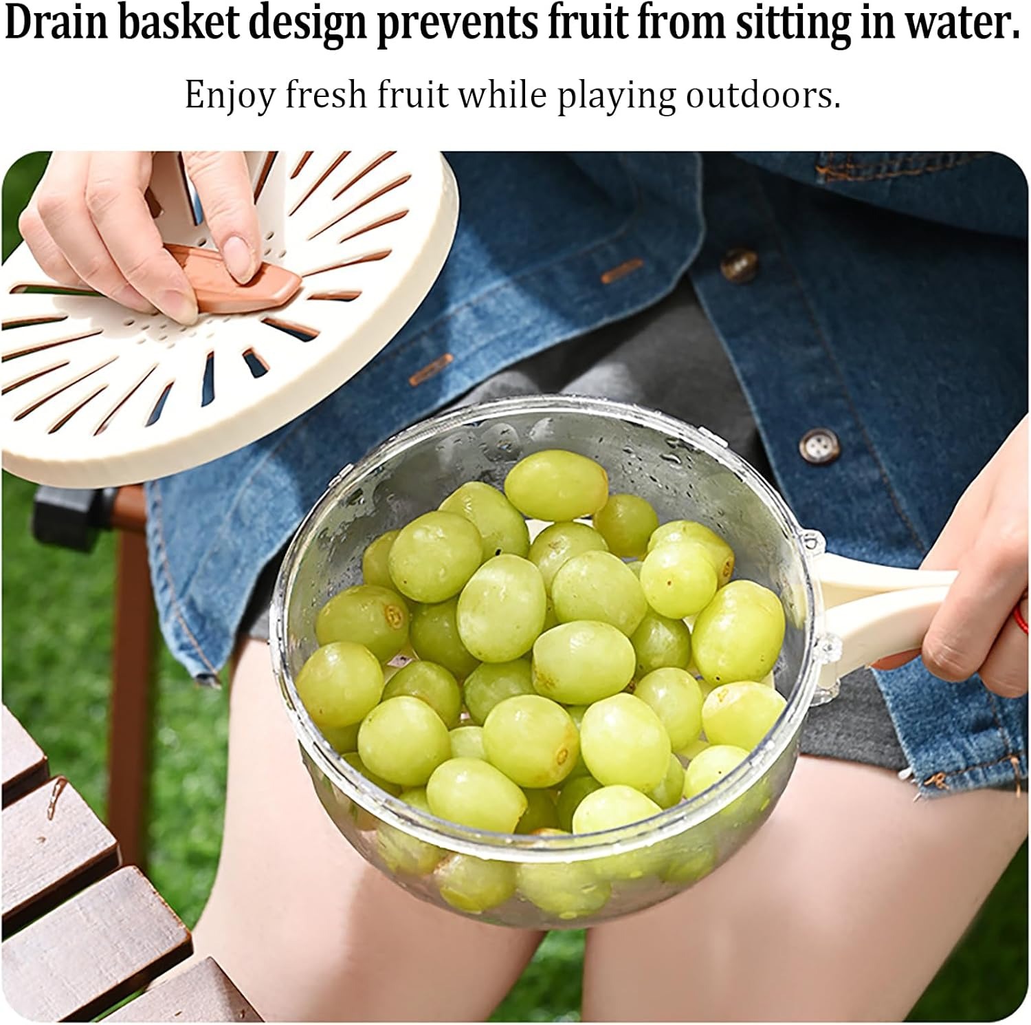 Kitchen Fruit Drainage Basket with Lid – Multi functional Dual-Layer Bowl for Washing, Draining & Storing Fruits and Vegetables, Foldable Handle Design, White - Image 3