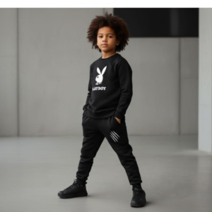 Kids PLAYBOY Printed Stylish Black & Black Tracksuit Set | Winter Fleece Sweatshirt & Trouser Outfit for Boys & Girls – Warm & Trendy FOR BABY AND KIDS